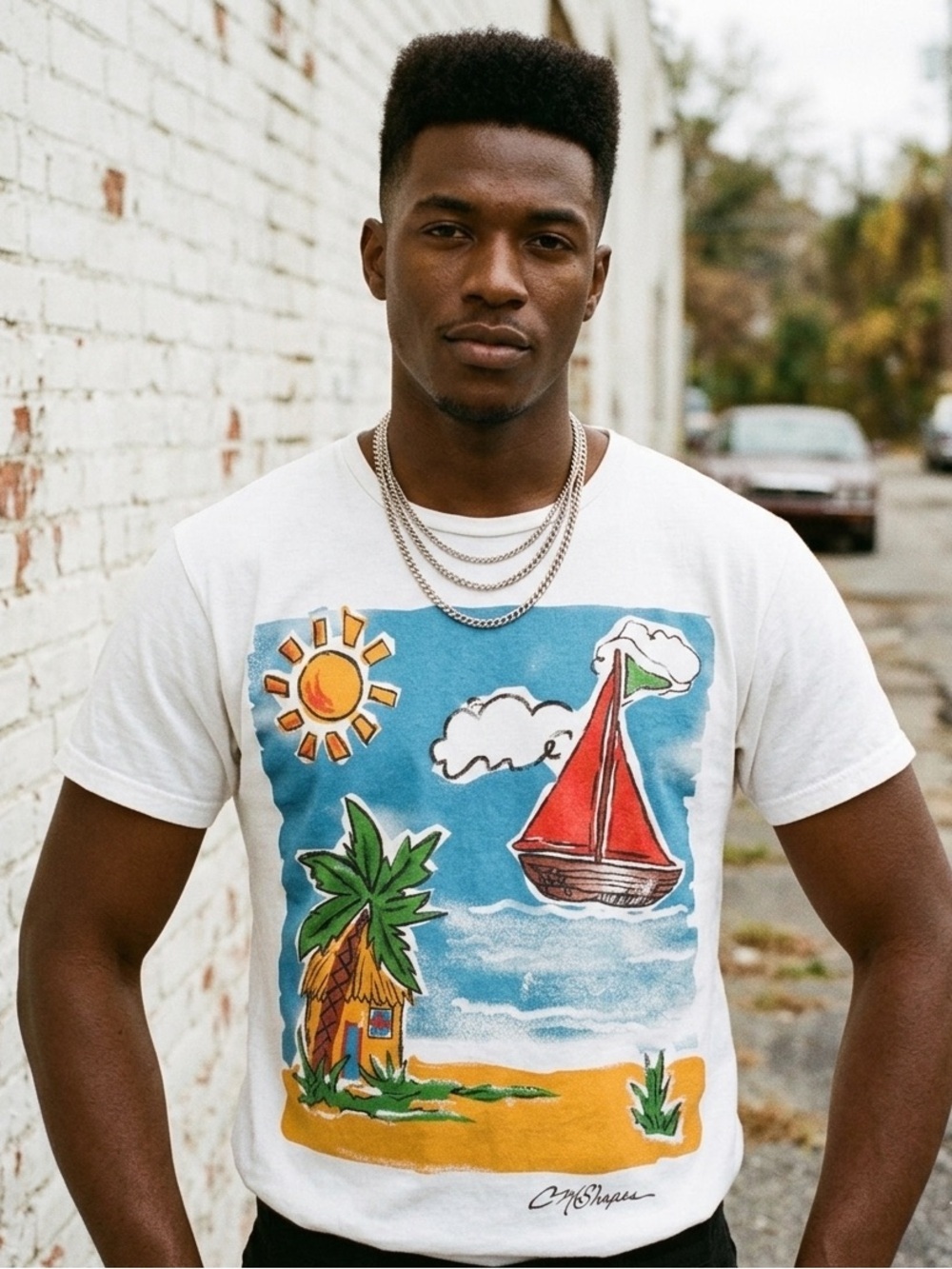 Vintage 90s Dena Lauren Beach Sailboat Graphic T-Shirt USA Made Medium